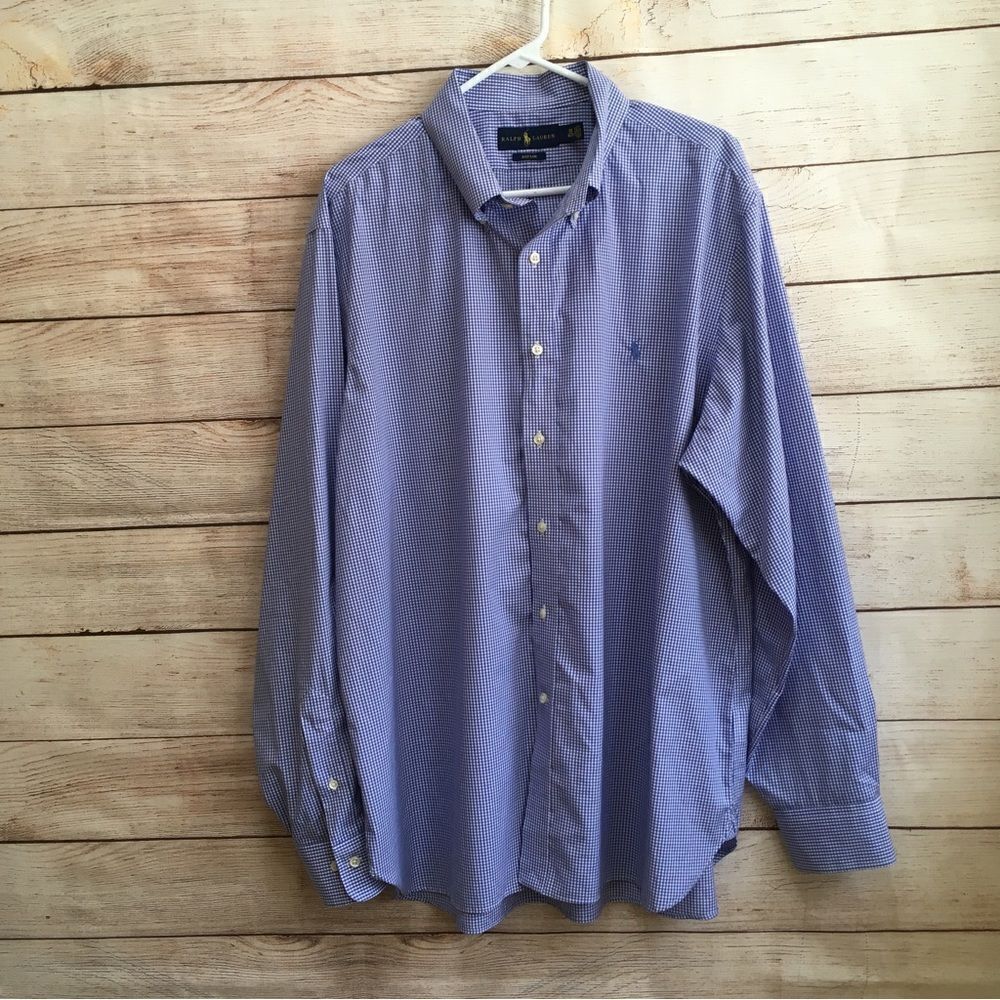 RALPH LAUREN EASY CARE LONG SLEEVE SHIRT IN BLUE AND WHITE GINGHAM